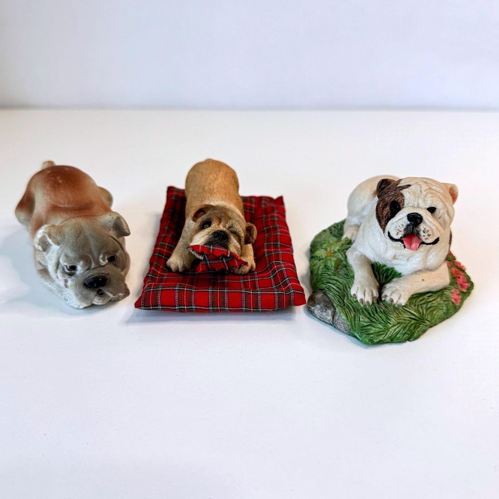 Set of 3 English BULLDOG Figurines Vintage Sandra Brue Pesky Peepers Collector